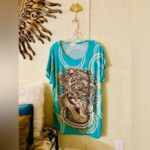 Adonis Turquoise & Rhinestone Tiger Graphic T Shirt  One Size B58